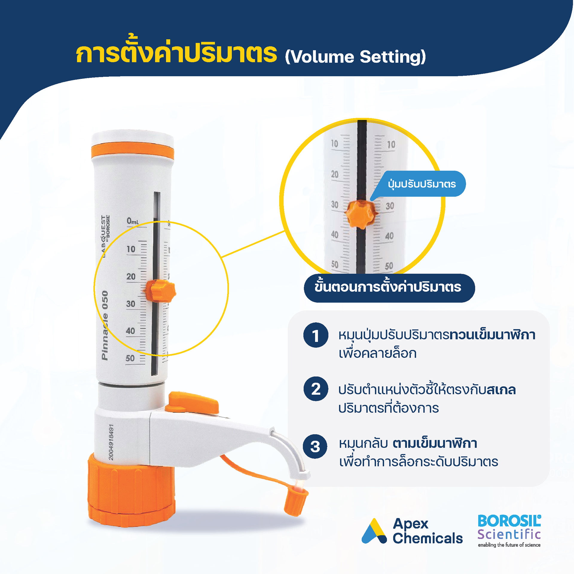 Volume setting Dispenser Borosil | Apex Chemicals